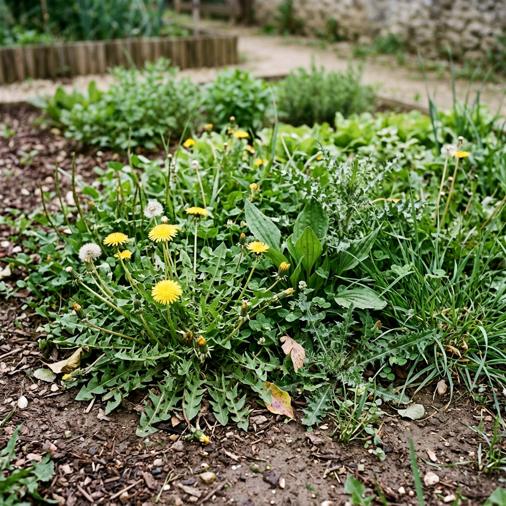 Yellow dandelion flowers and green foliage growing in a garden bed.